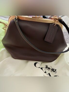 Coach Dark Brown Leather Frame-Top Shoulder Bag with Gold Hardware
